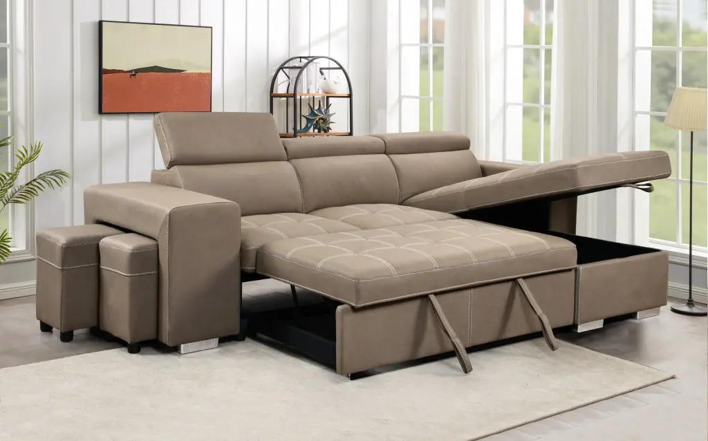 105 Inch Reversible Sectional Sofa Storage Chaise And 2 Stools Living Room happy home