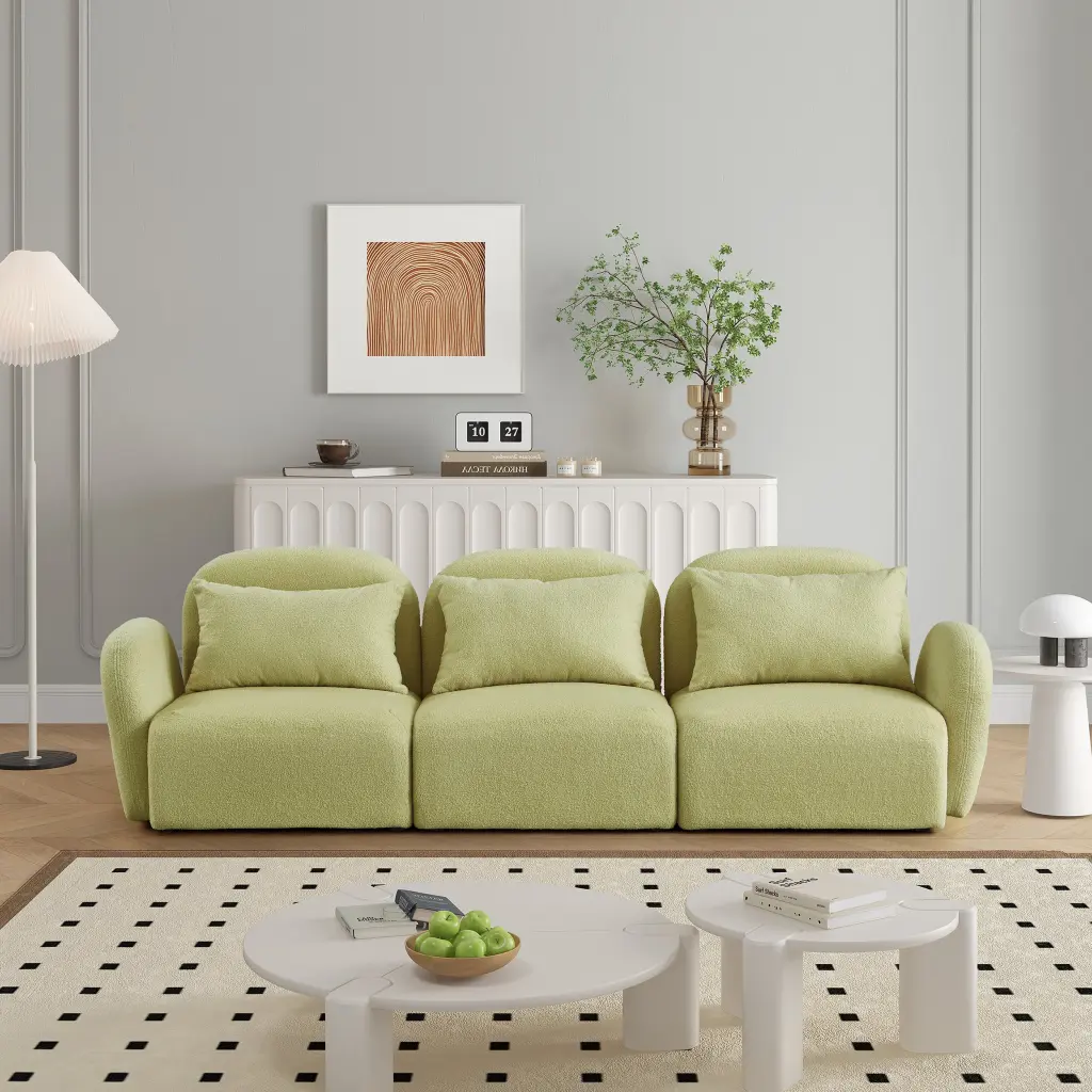 Three Seat Lazy Sofa Teddy Material Light Green Living Room Couch hdf store