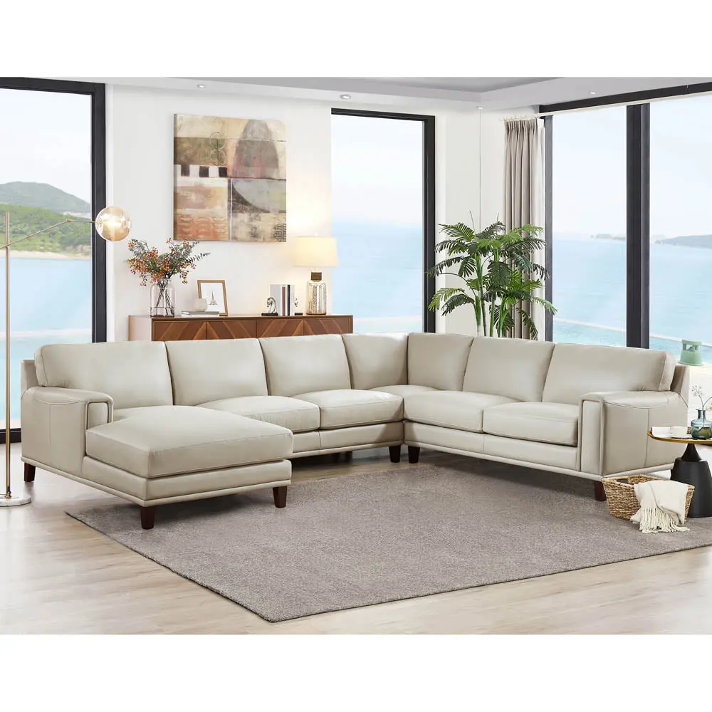 Hayward Leather Left Chaise Sectional Off White Authentic Leather Wood Frame hydeline furniture