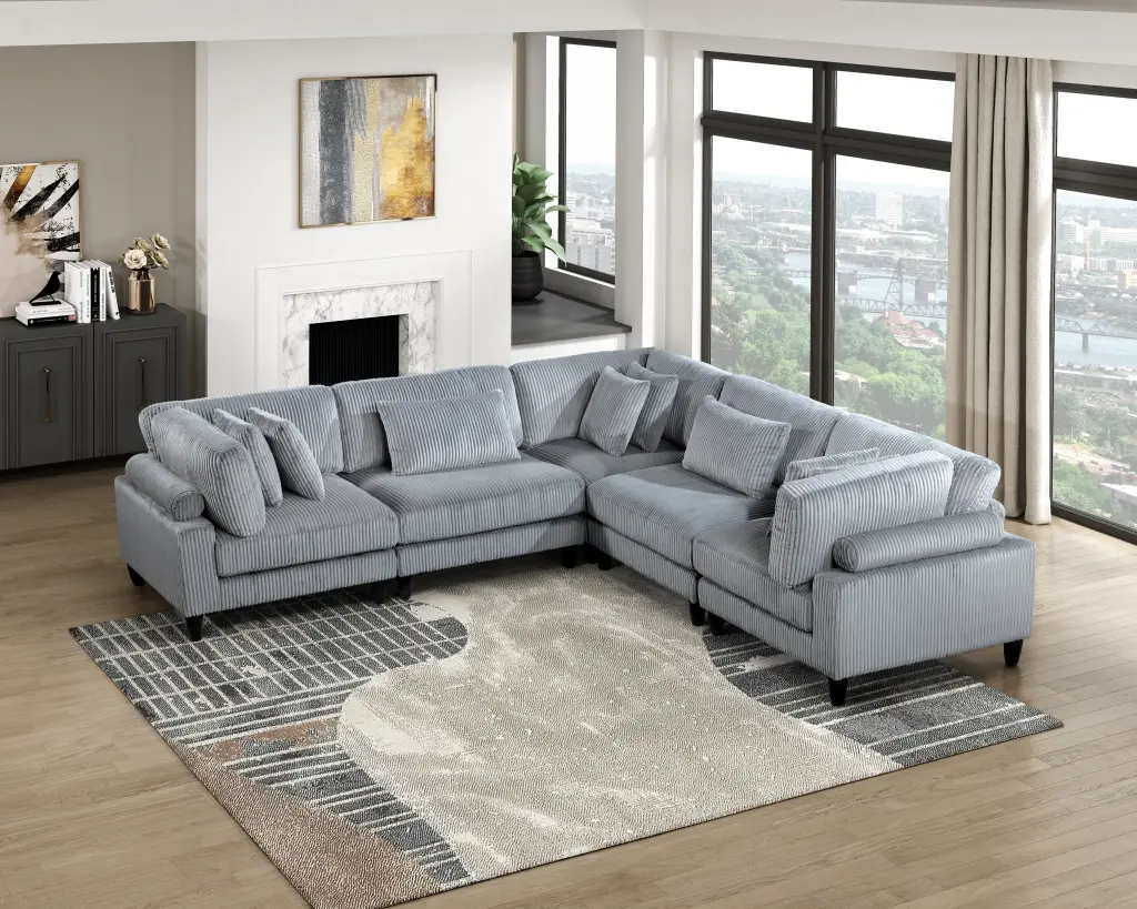 5-Piece Gray Corduroy Modular Sectional Set 2 Armless Chairs kanepe