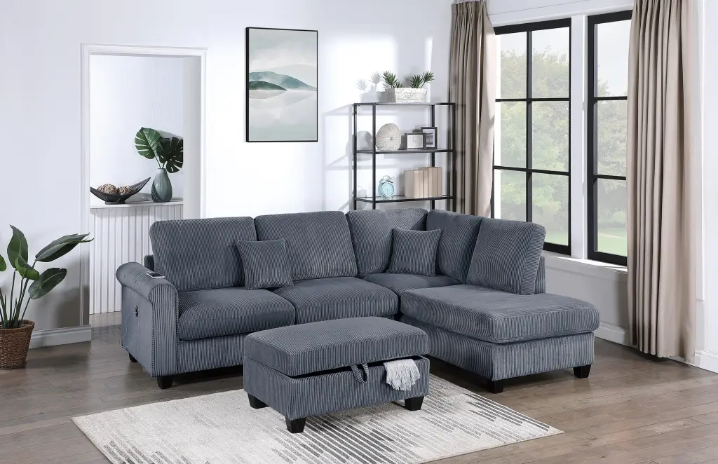 Contemporary Dark Gray 3 Piece Sectional Set Corduroy Upholstery kanepe