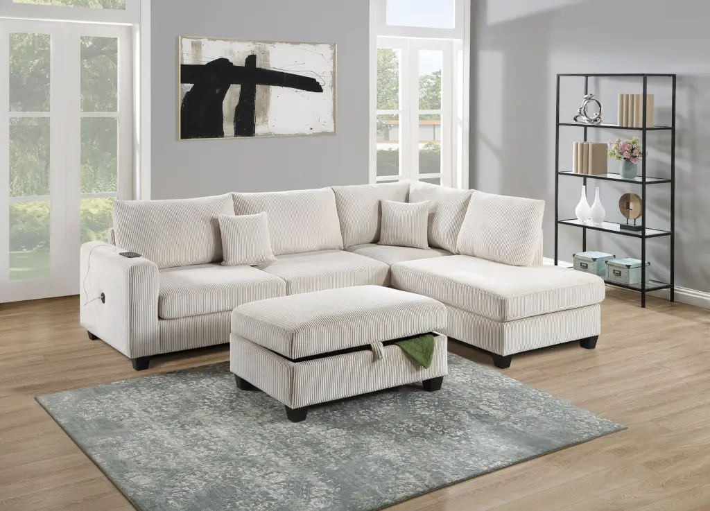 Ivory 3Pc Sectional Set Corduroy Upholstered Sofa and Chaise kanepe