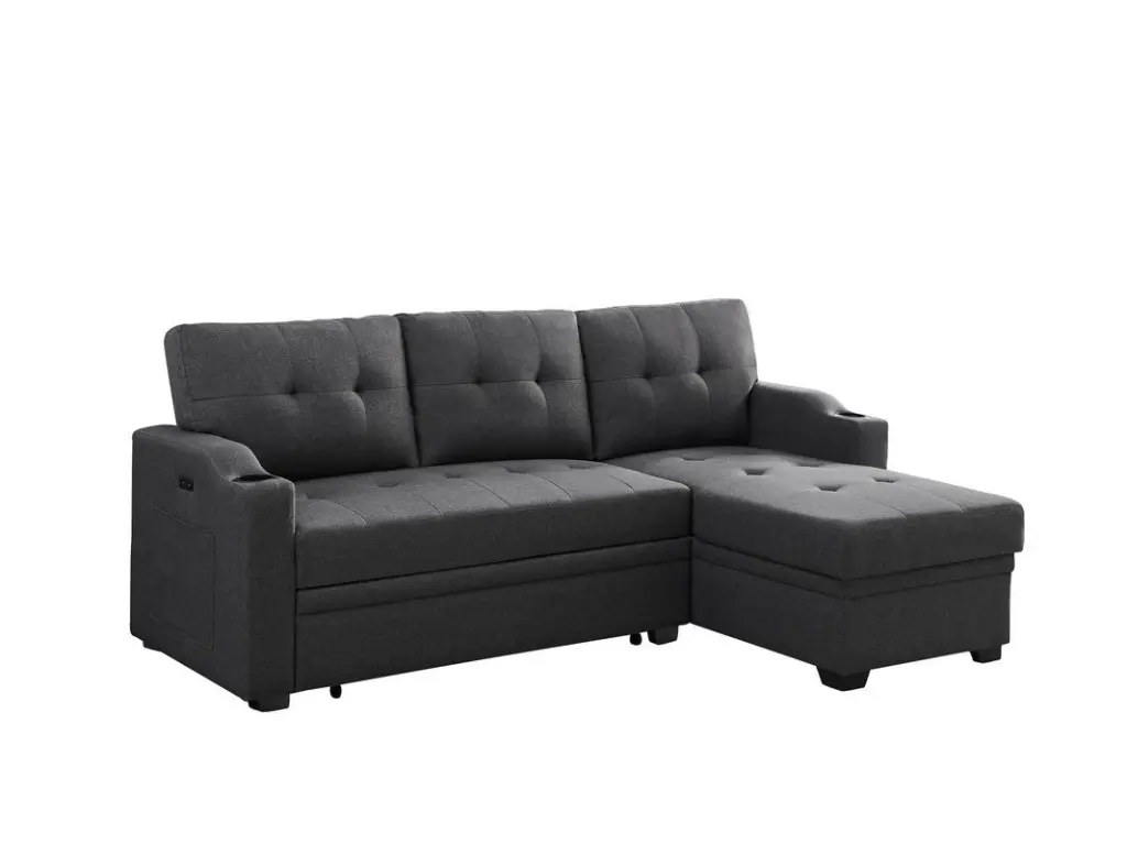 Mabel 83" Dark Gray Linen Sleeper Sectional Sofa Cupholders and USB Ports lilola home