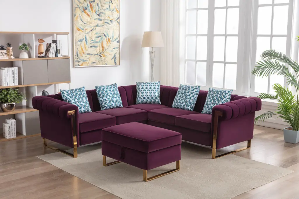 Maddie 88.5 Inch Purple Velvet 5 Seater Sectional Sofa Storage Ottoman lilola home