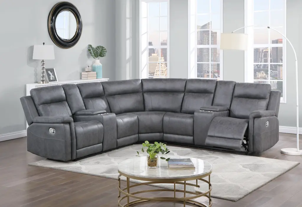 Eco Greige Sectional Sofa Gray Fabric 5 Seats Living Room luxe modern furniture