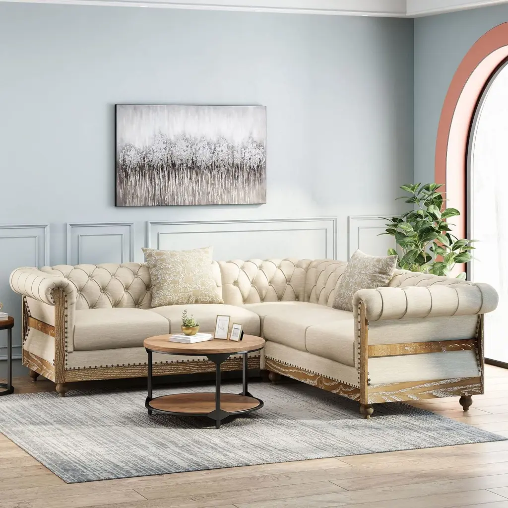 87.75 Inch Beige L Shaped Sectional Sofa Rolled Arms nh-echo