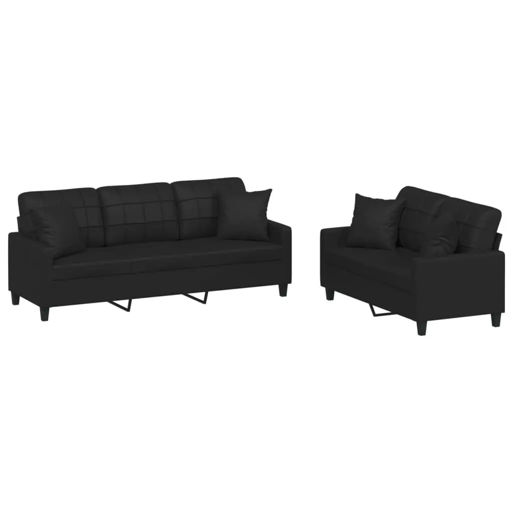 2 Piece Sofa Set Pillows Black Faux Leather Living Room Furniture