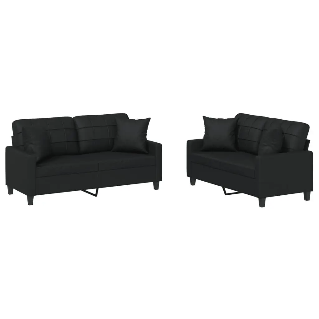 2 Piece Sofa Set Pillows Black Faux Leather Modern Living Room