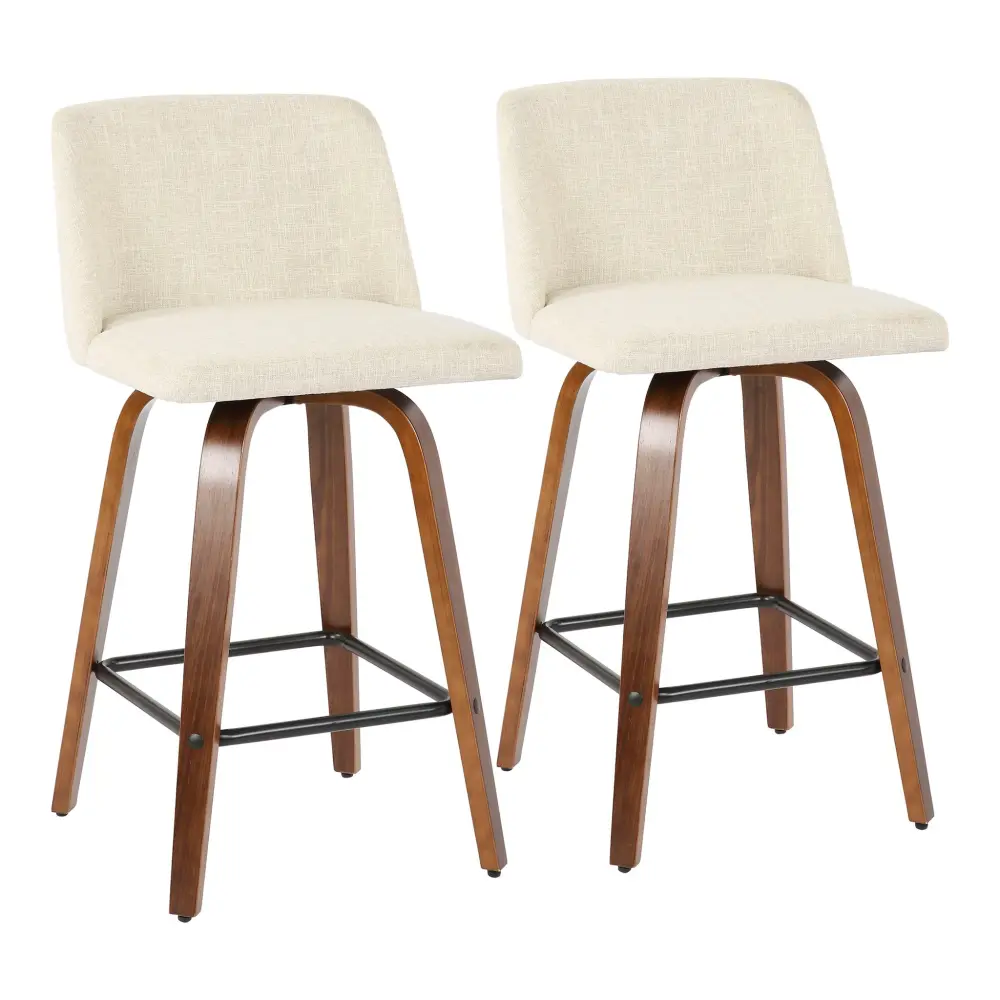 Toriano - Mid-Century Sleek Counter Stool, Square Footrest (Set 2) - Walnut / Cream