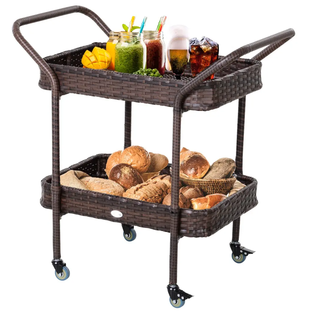 Outsunny Rattan Wicker Serving Cart 2 Tier Open Shelf Outdoor Patio Furniture aosom business
