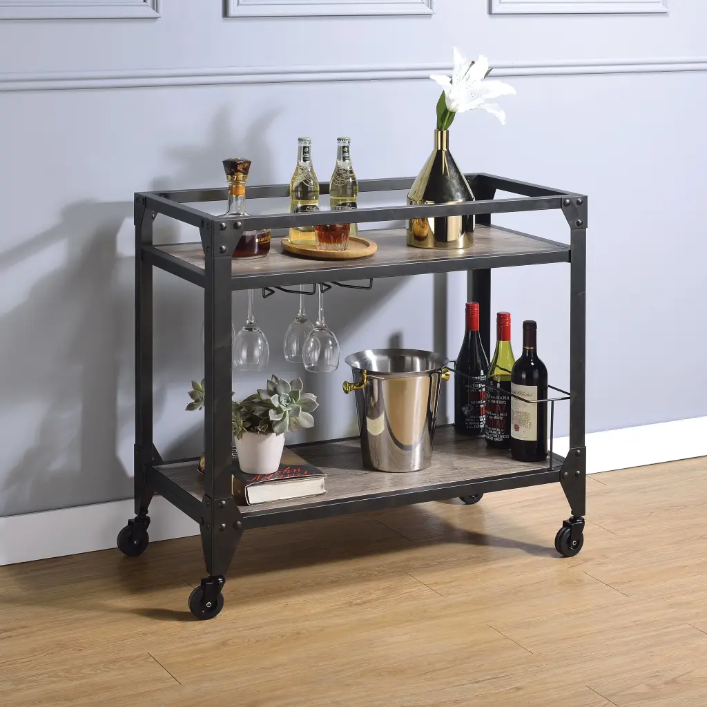 Rustic Oak and Charcoal 2 Shelf Serving Cart Dining Room furniture max