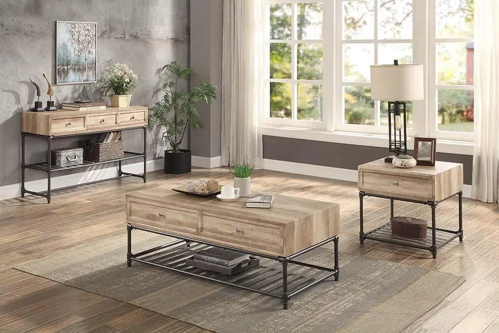 Oak and Sandy Black Coffee Table 2 End Tables Acme Brantley LV00748-3pcs Set