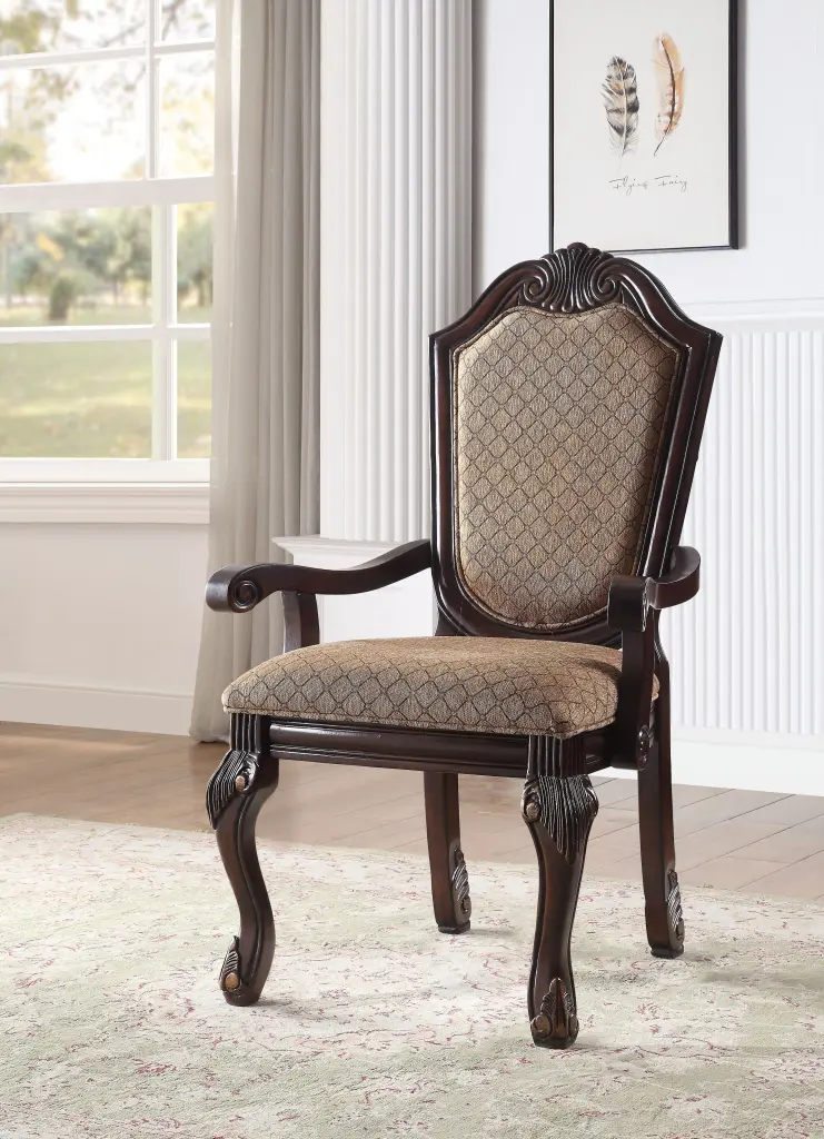 Chateau De Ville Arm Chair Set 2, Fabric Upholstered Espresso Living Room Chairs acme onsite store