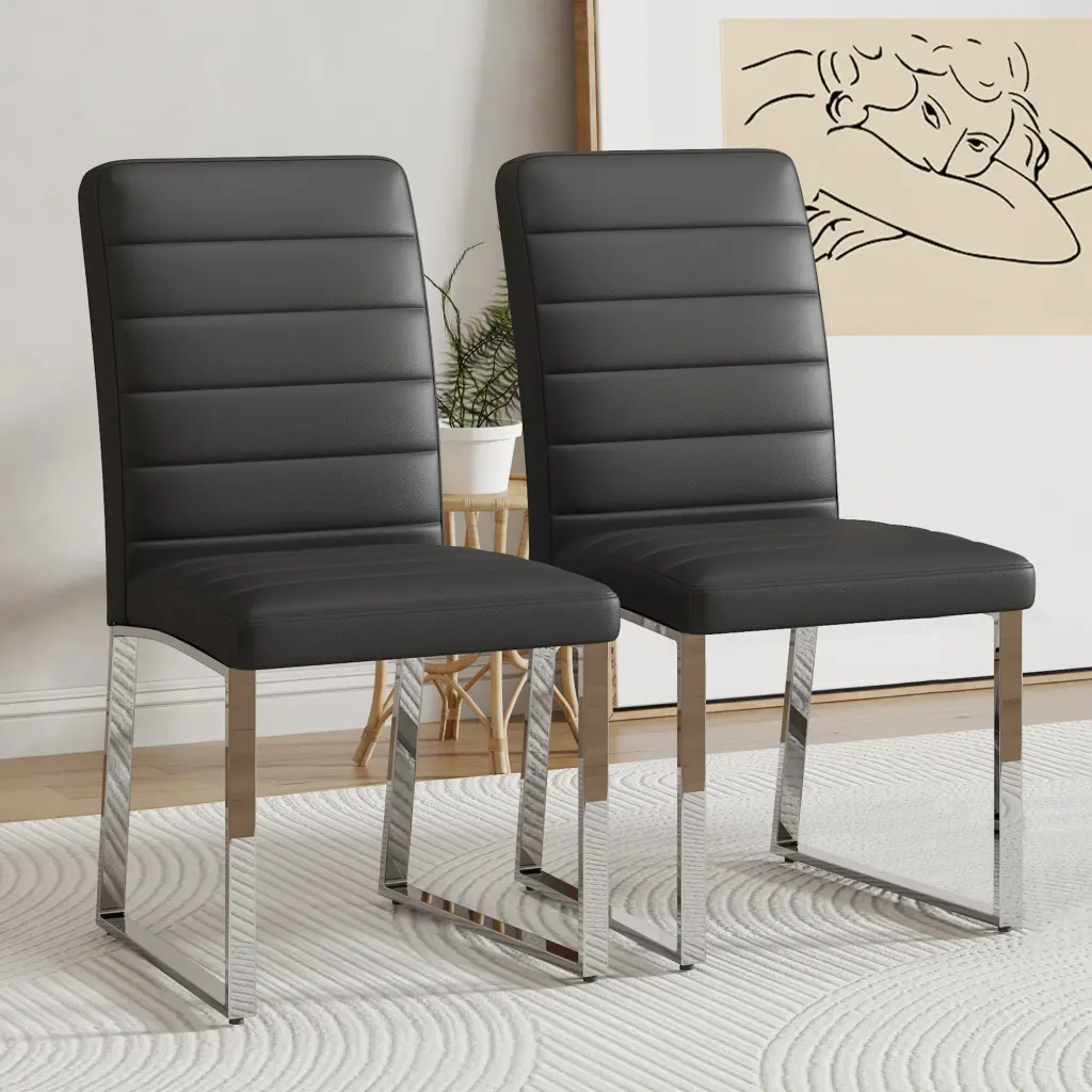 Set 2 Dining Chairs, Black Dining Chair Set, Pu Material High Back - Modern Kitchen Chairs droom w-1151
