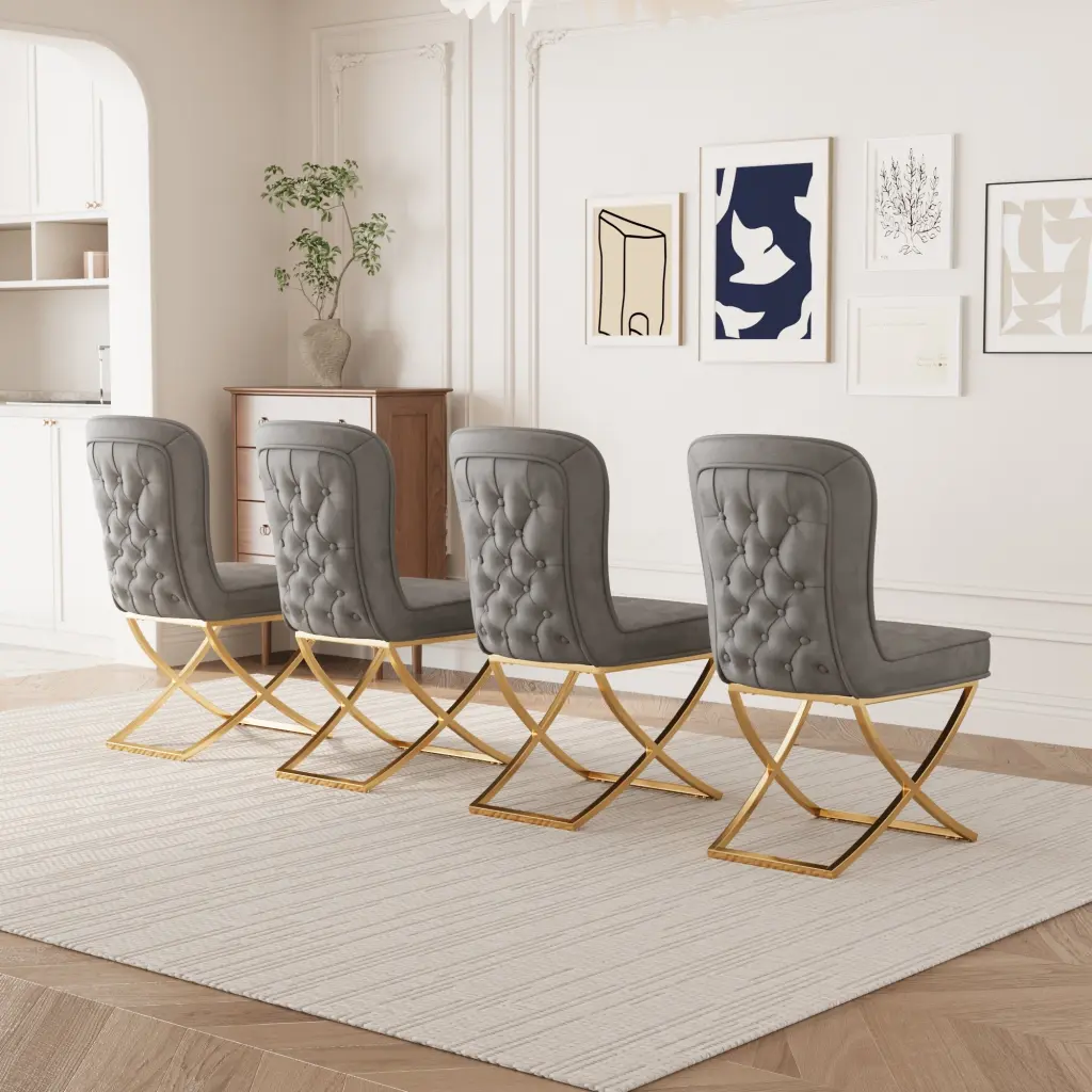 Dining Chair Set 4 - Grey Velvet Backrest Golden Metal Legs eka furniture