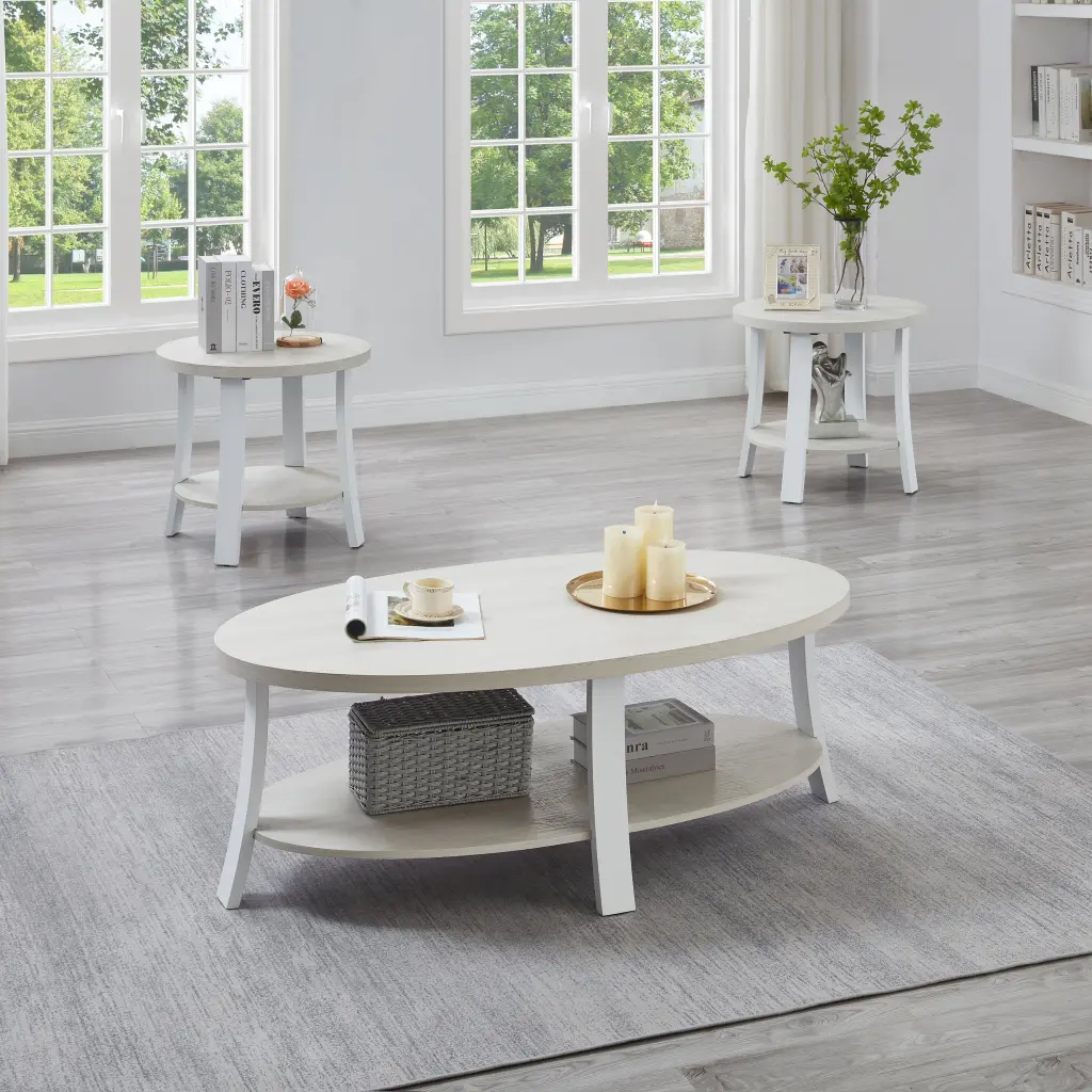 Anze Contemporary Oval Timber Shelf 3 Piece Coffee Table Set White Premium Finish hz