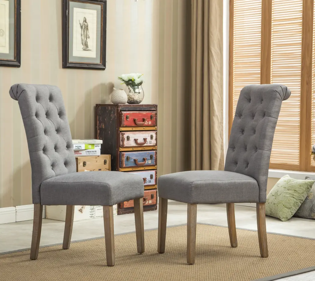 Habit Solid Wood Tufted Parsons Dining Chair Set 2 Grey Gray Polyester Upholstery hz