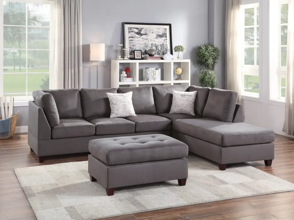 Contemporary 3Pc Reversible Sectional Sofa Set Ottoman Grey Microfiber Living Room kanepe