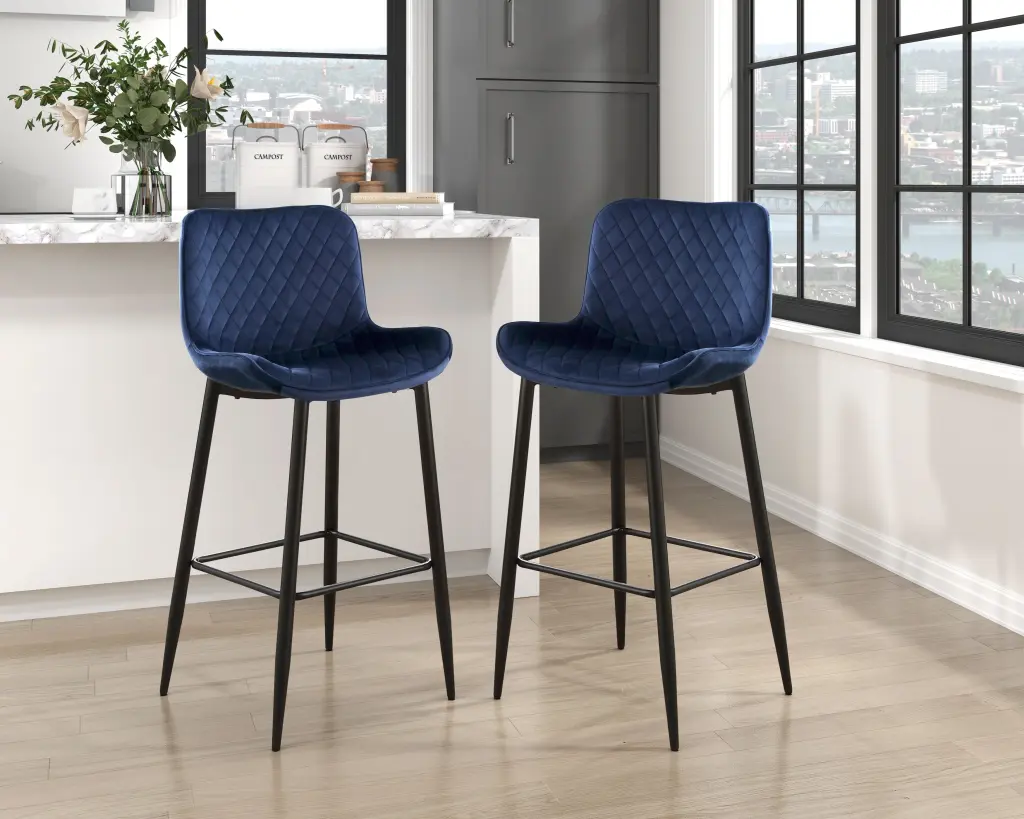 Set 2 Pub Height Chairs Dark Blue Velvet Upholstery Modern Bar Stools kanepe