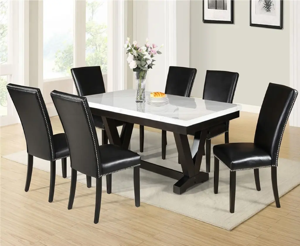 White Faux Marble Black Finish Dining Table Set Black Faux Leather Upholstered Chairs kanepe