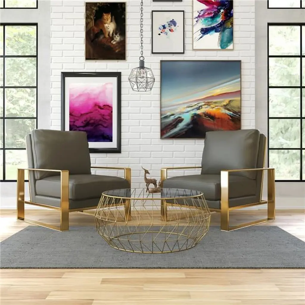 Jefferson Modern Leather Armchair Gold Frame and Round Glass Top Coffee Table Grey KD Americana
