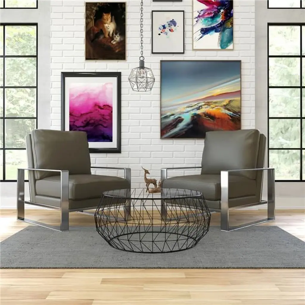 Jefferson Modern Leather Armchair Silver Frame and Round Glass Top Coffee Table Grey KD Americana