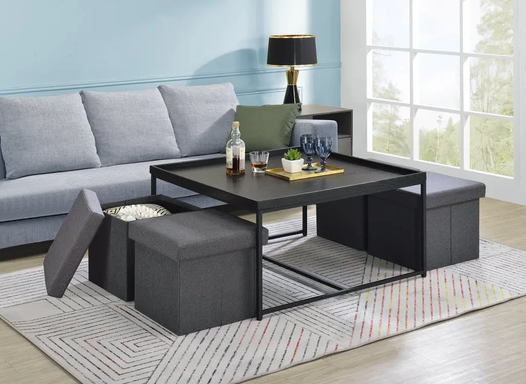 Vinny 35 Inch Black Timber Grain 5 Piece Coffee Table Set Raised Edges lilola home