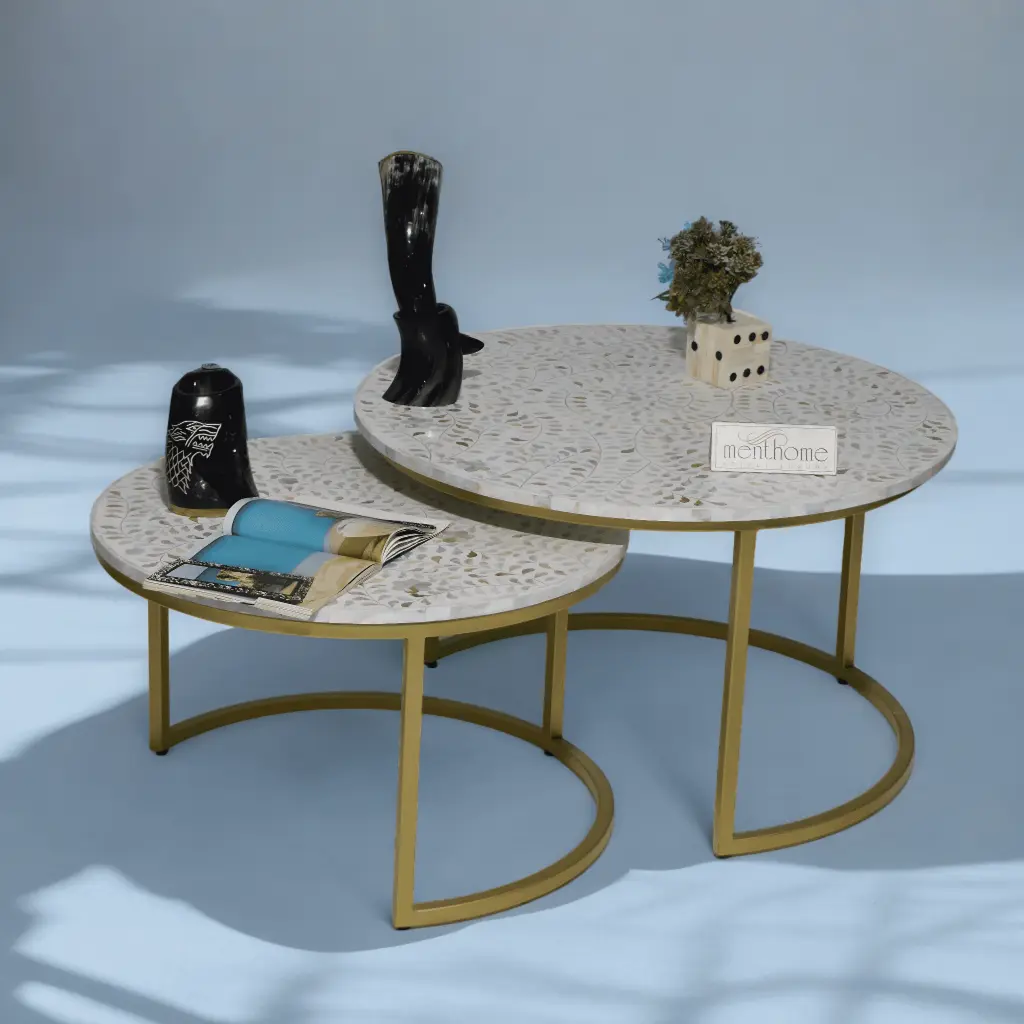 Mother Pearl Set 2 Coffee Tables Brass Base Menthome
