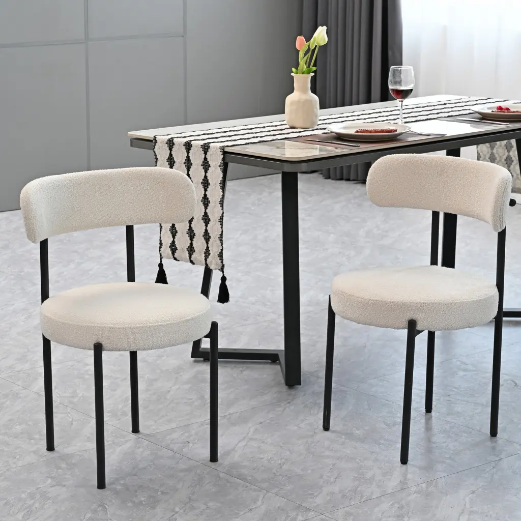 White Boucle Dining Chairs Set 2 Mid Century Modern Curved Backrest rnb