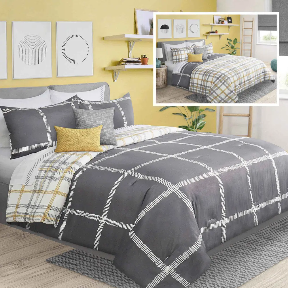 Grey Tiles Reversible Double Queen Microfiber Comforter and Pillowcase Place, 3-Piece