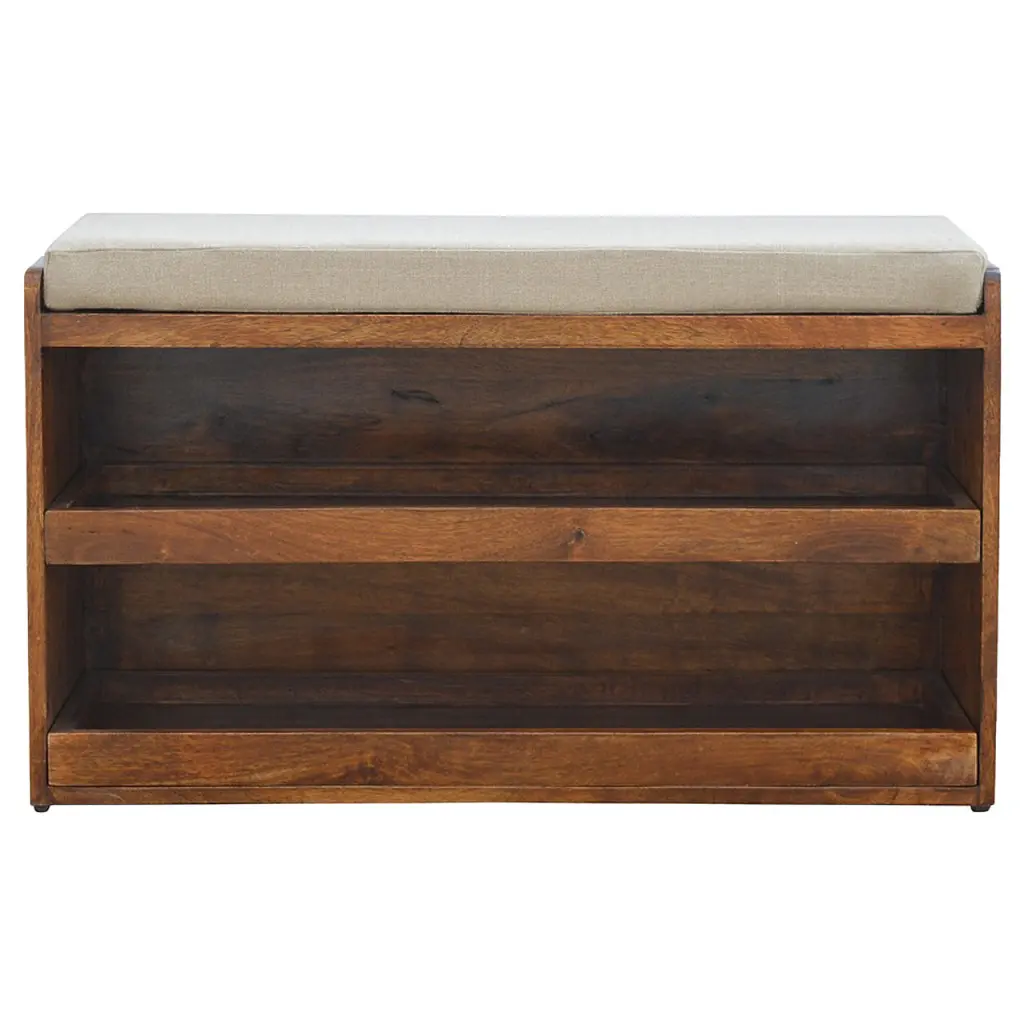 Mud Linen Pull Out Shoe Bench Chestnut Foam Wood Fabric Storage artisan furniture