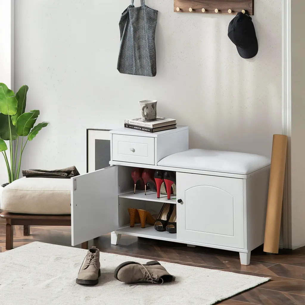 Wooden Shoe Storage Bench Ottoman Cabinet Drawer White smarthome furniture