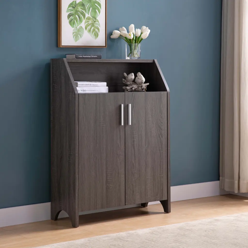 Shoe Cabinet Open Shelving and Metal Handles Distressed Grey Finish id usa