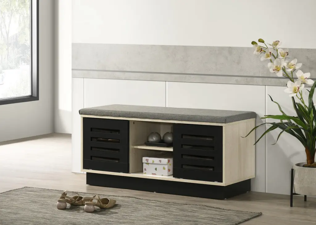 Brett 38.5 Inch Oak Finish Shoe Cabinet Sliding Doors Upholstered Top lilola home