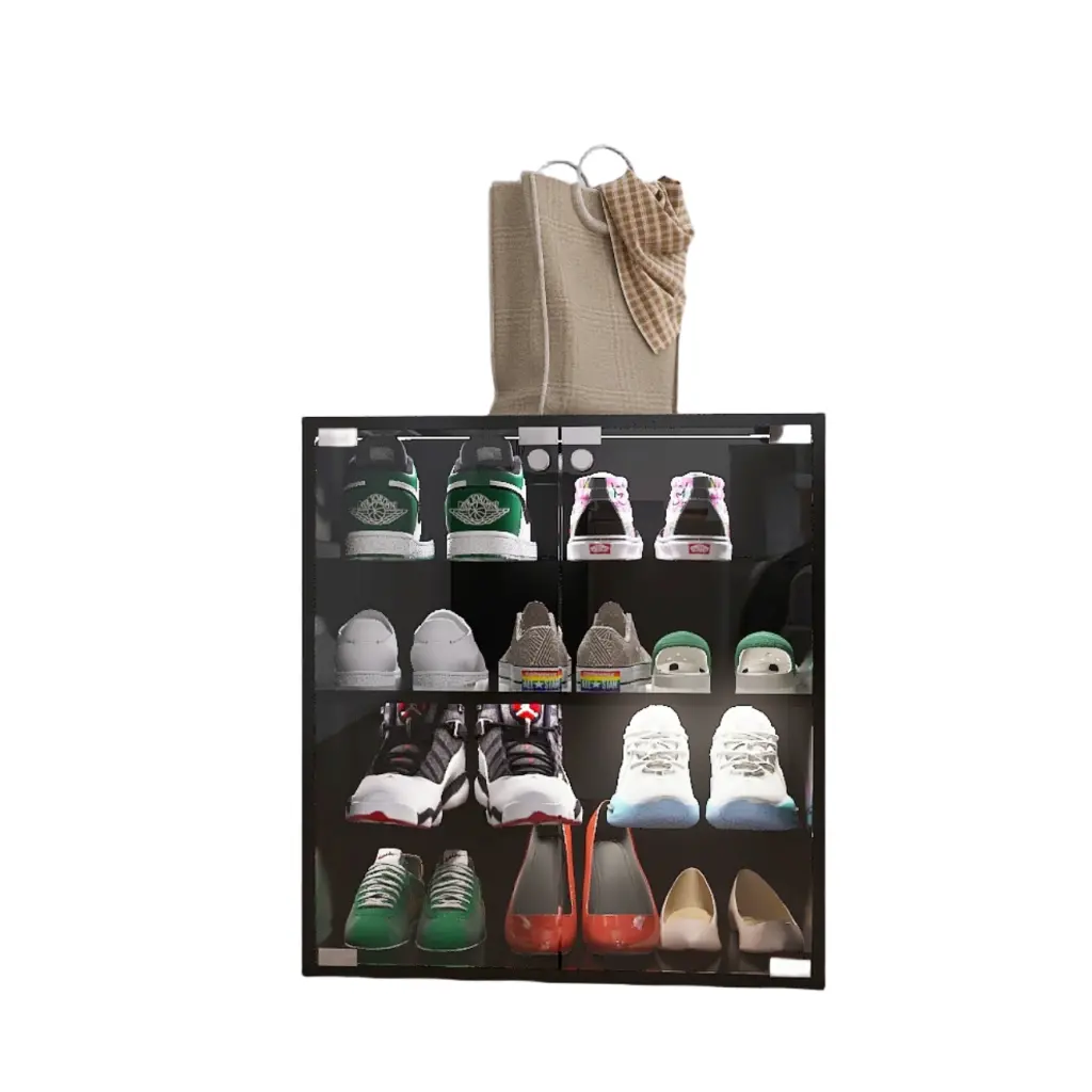 4 Layer Black Shoe Cabinet Glass Door and Glass Layer Shoe Display rd wood store