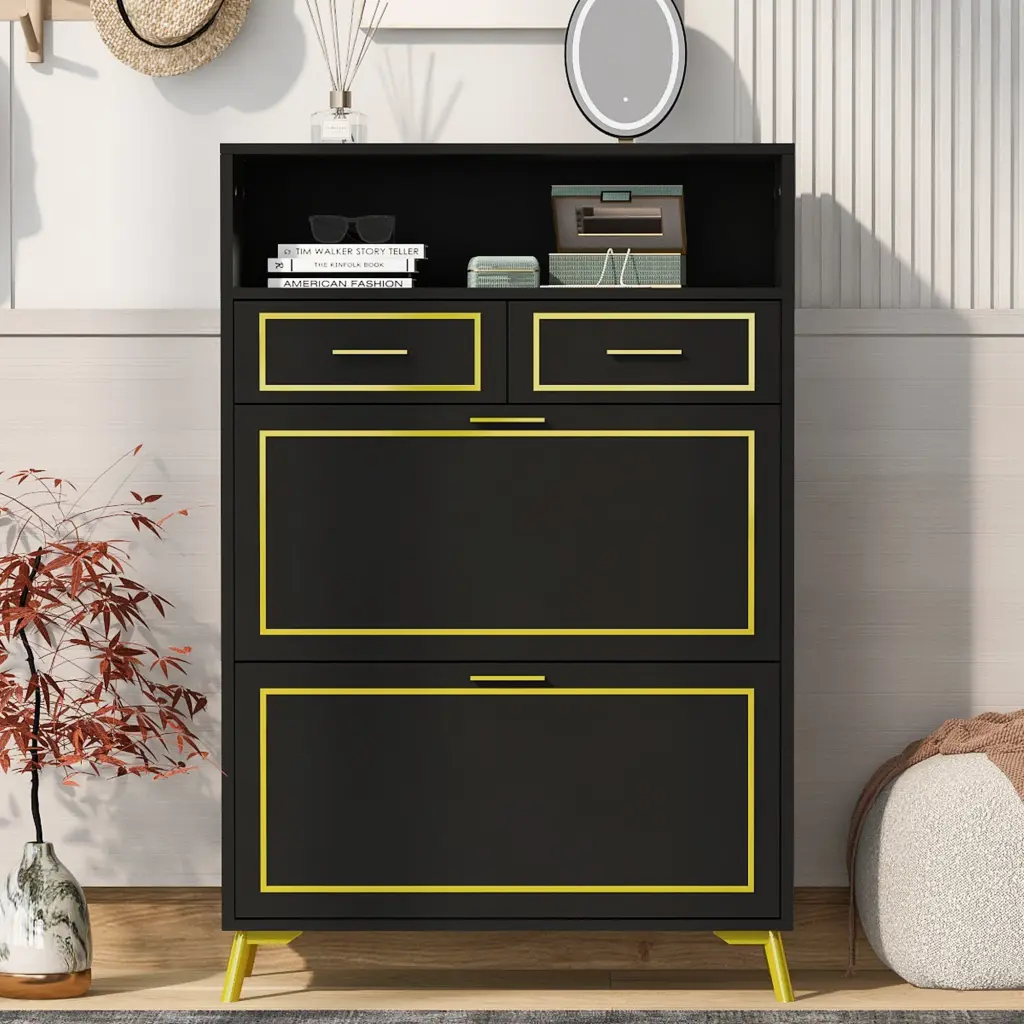 Modern Shoe Cabinet 2 Flip Drawers 2 Slide Drawers and 1 Shelf rnb