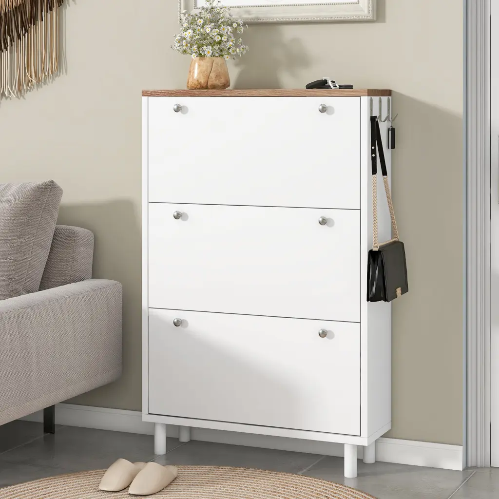 Narrow Shoe Cabinet 3 Flip Drawers and Wood Grain Pattern Top rnb