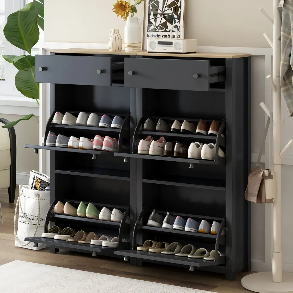 Slim Shoe Cabinet Set 4 Flip Drawers Wood Grain Pattern rnb