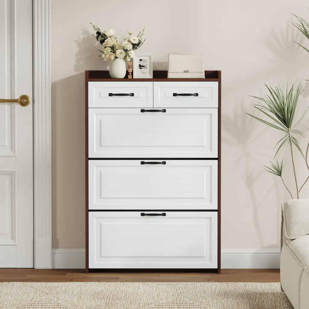 1250 Walnut Colored Shoe Cabinet 3 Doors and 2 Drawers PVC Design zr furniture