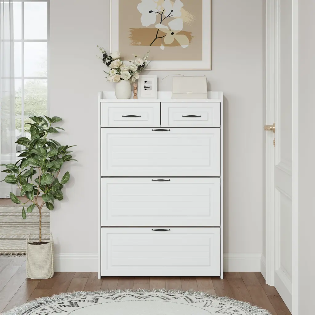 1250 White Color Shoe Cabinet 3 Doors 2 Drawers Large Space Storage zr furniture