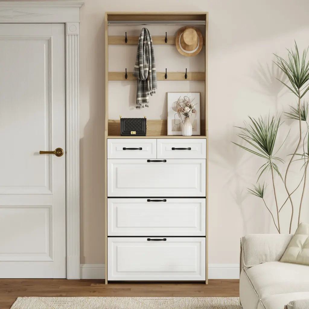 Oak Color Shoe Cabinet 3 Doors 2 Drawers and Hanger PVC Door zr furniture