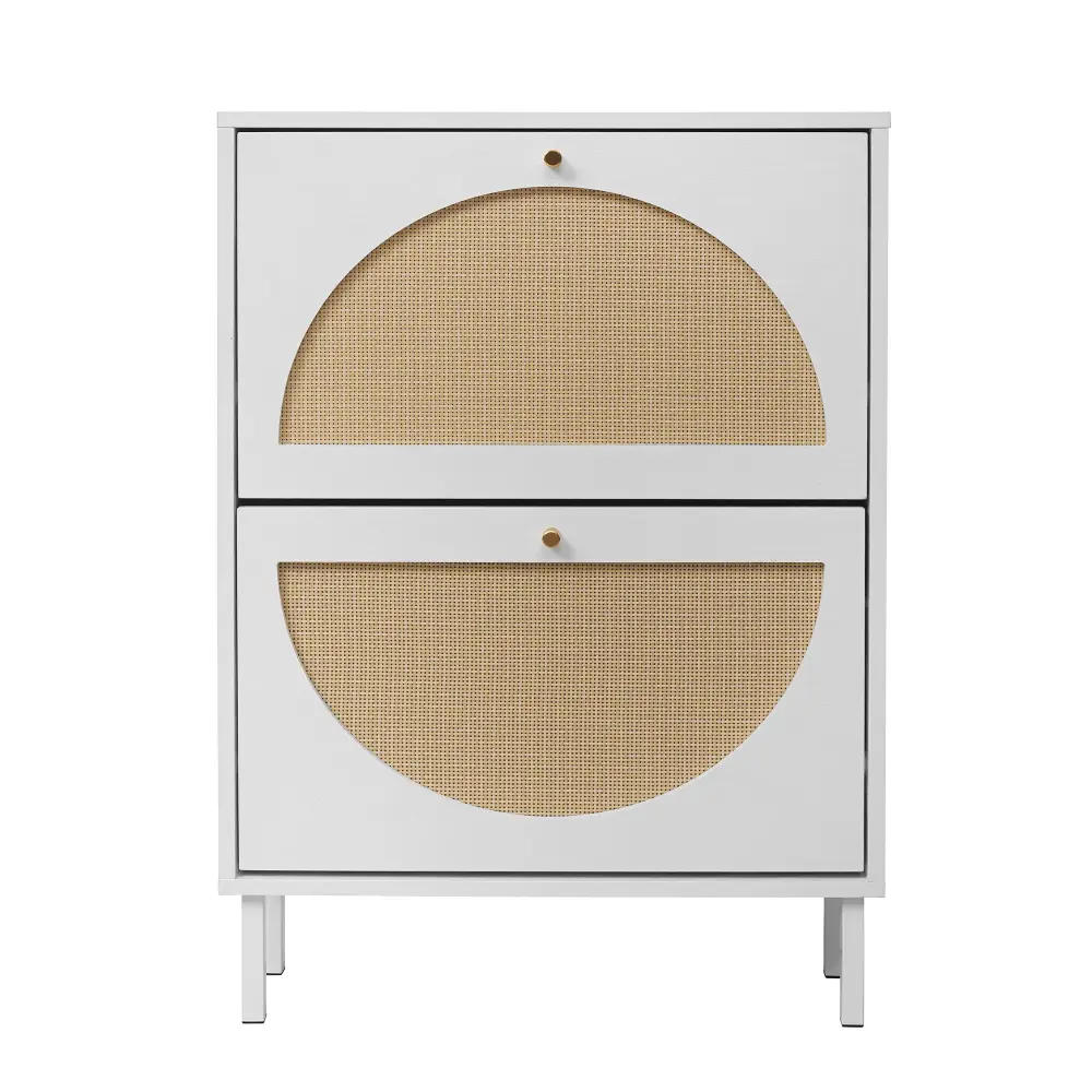2 Door Shoe Rack, Rattan, Dual Layer, Suitable Living Room, Hallway - White