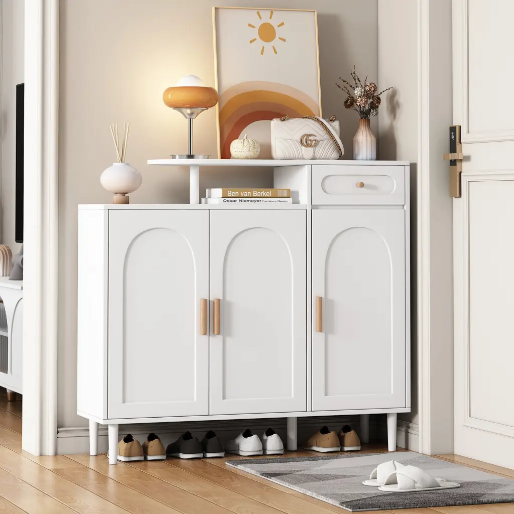 Elegant Shoe Cabinet Arched Doors and Drawer, Cream Style Storage Bench rnb