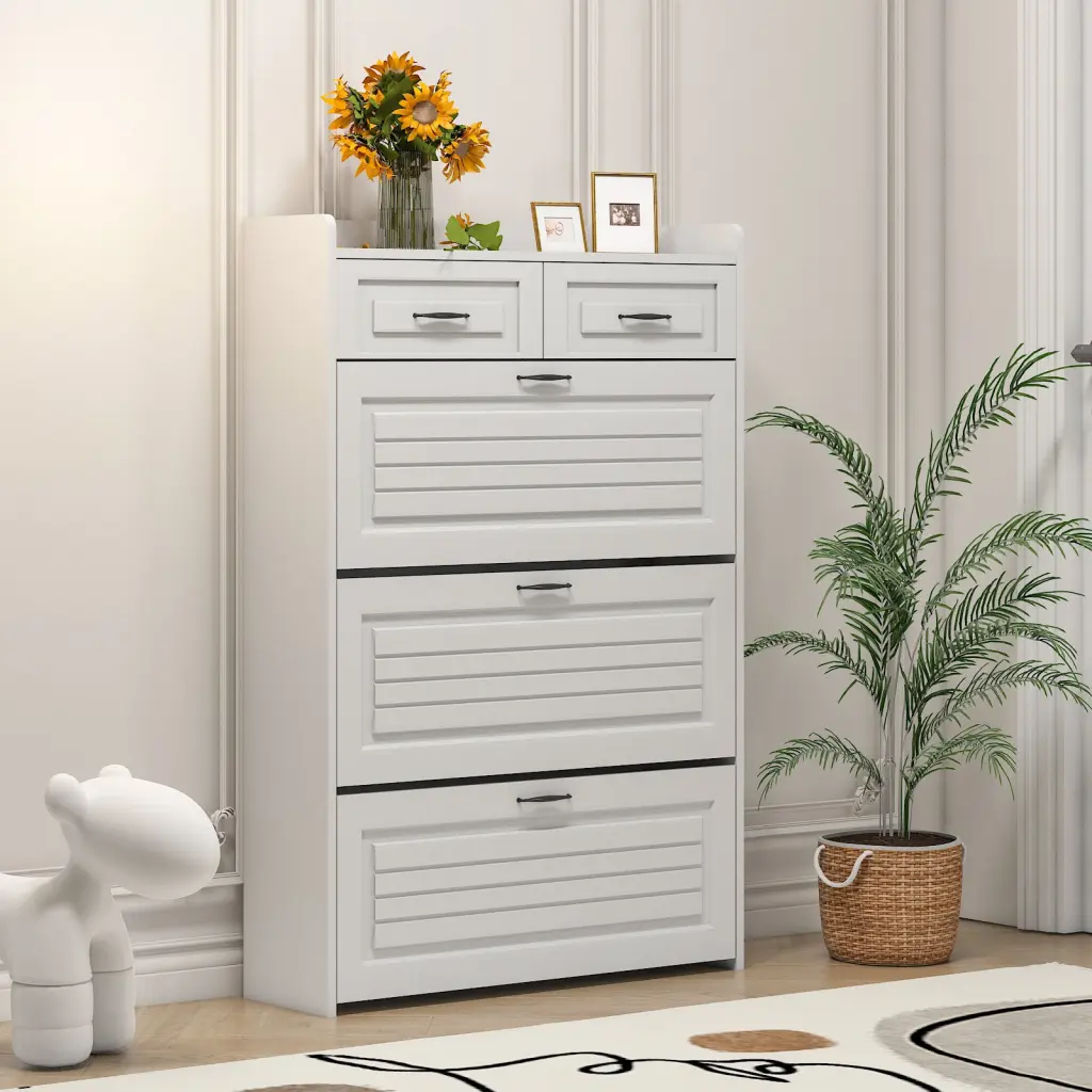 1250 White Color Shoe Cabinet 3 Doors 2 Drawers PVC Door Shelf zr furniture