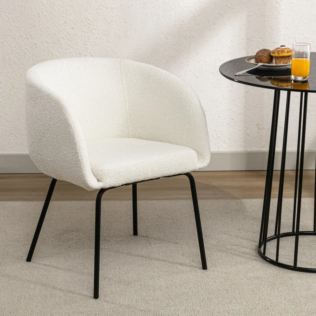Set 1 Boucle Dining Chair Black Metal Legs Ivory Wood dg collection