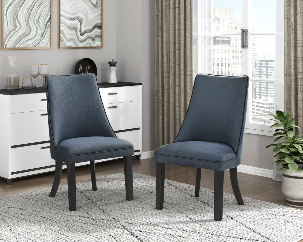 Blue Textured Fabric Upholstered Side Chairs Set 2 Dark Walnut Finish Dining Chairs kanepe