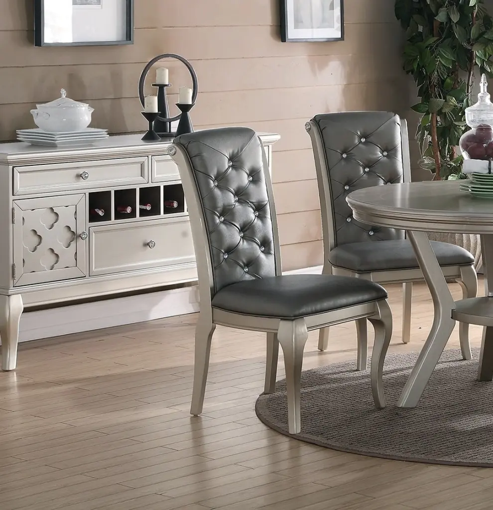 Premium Antique Silver Wooden Set 2 Dining Side Chairs Grey Faux Leather Upholstery kanepe