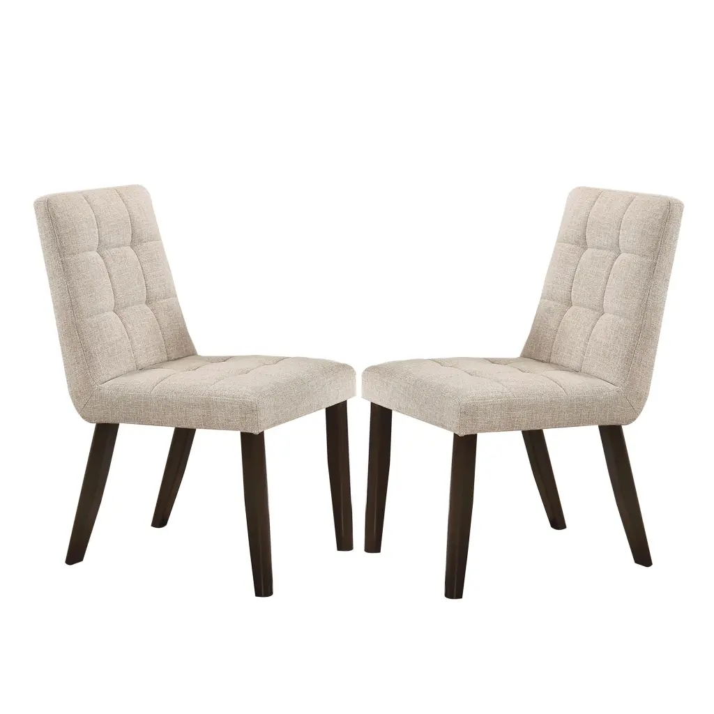 Set 2 Beige Grid Tufted Side Chairs Brown Legs Dining Or Living Room royal hampton
