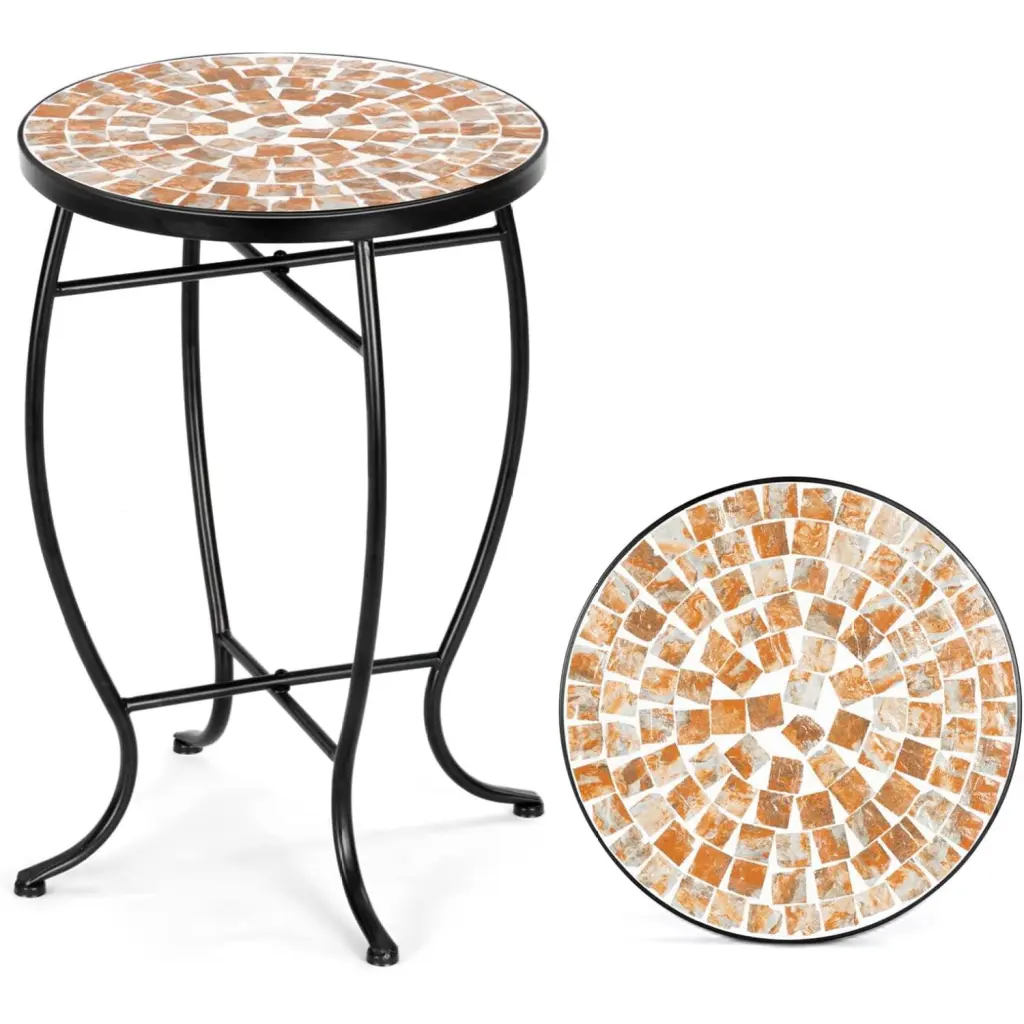 Bilot Mosaic Outdoor Side Table 14 Round End Table Glass Top Black Iron Golden Yard