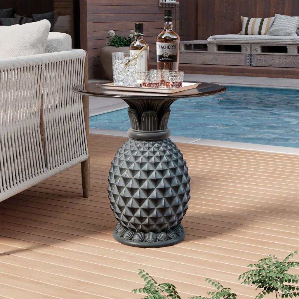COSIEST Outdoor Concrete Greyish Dark Green Side Table w Pineapple Stand.Patio End Table. Glass Tabletop